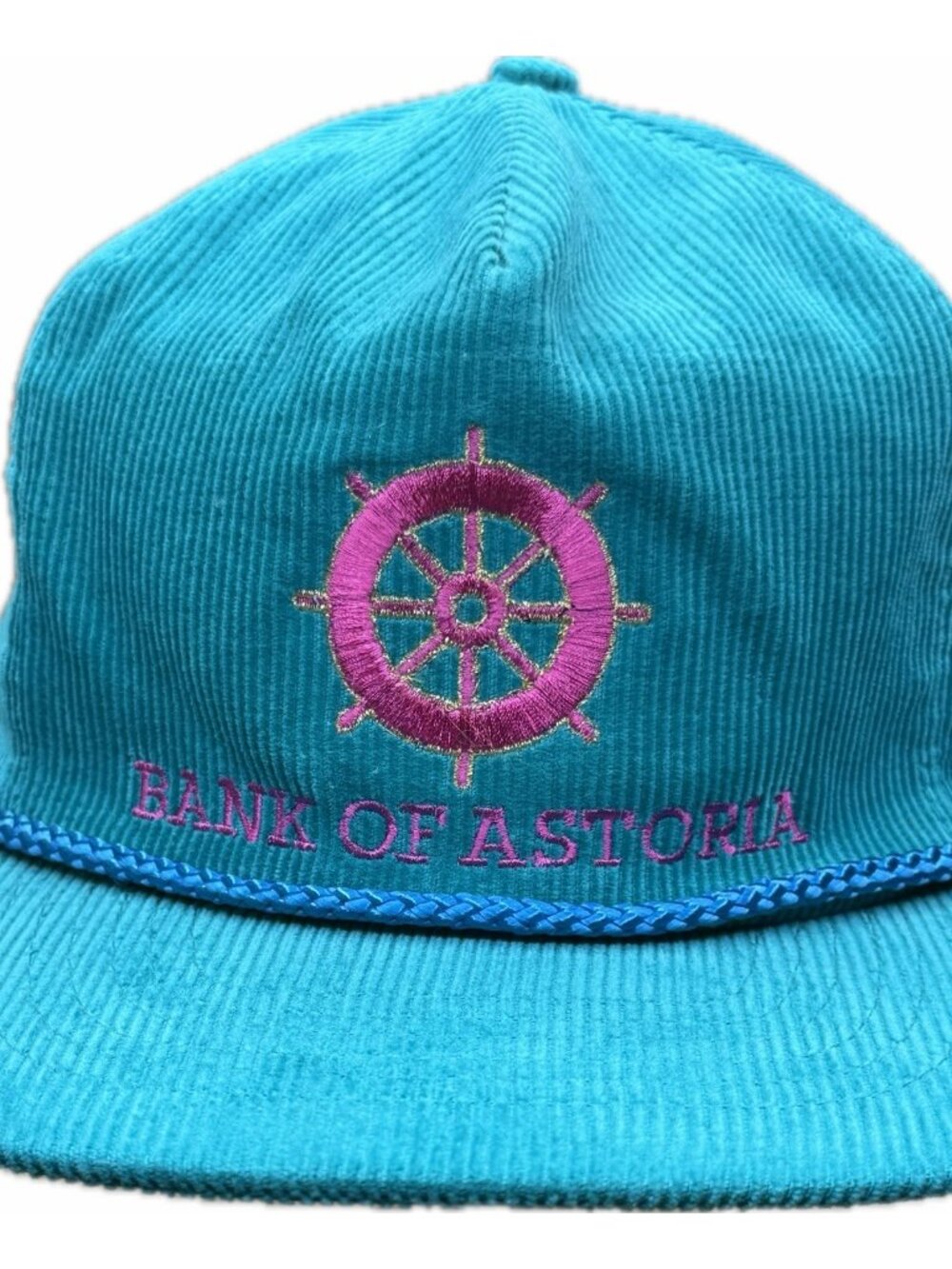 Vintage Oregon Bank Of Astoria Corduroy Rope Hat Teal
